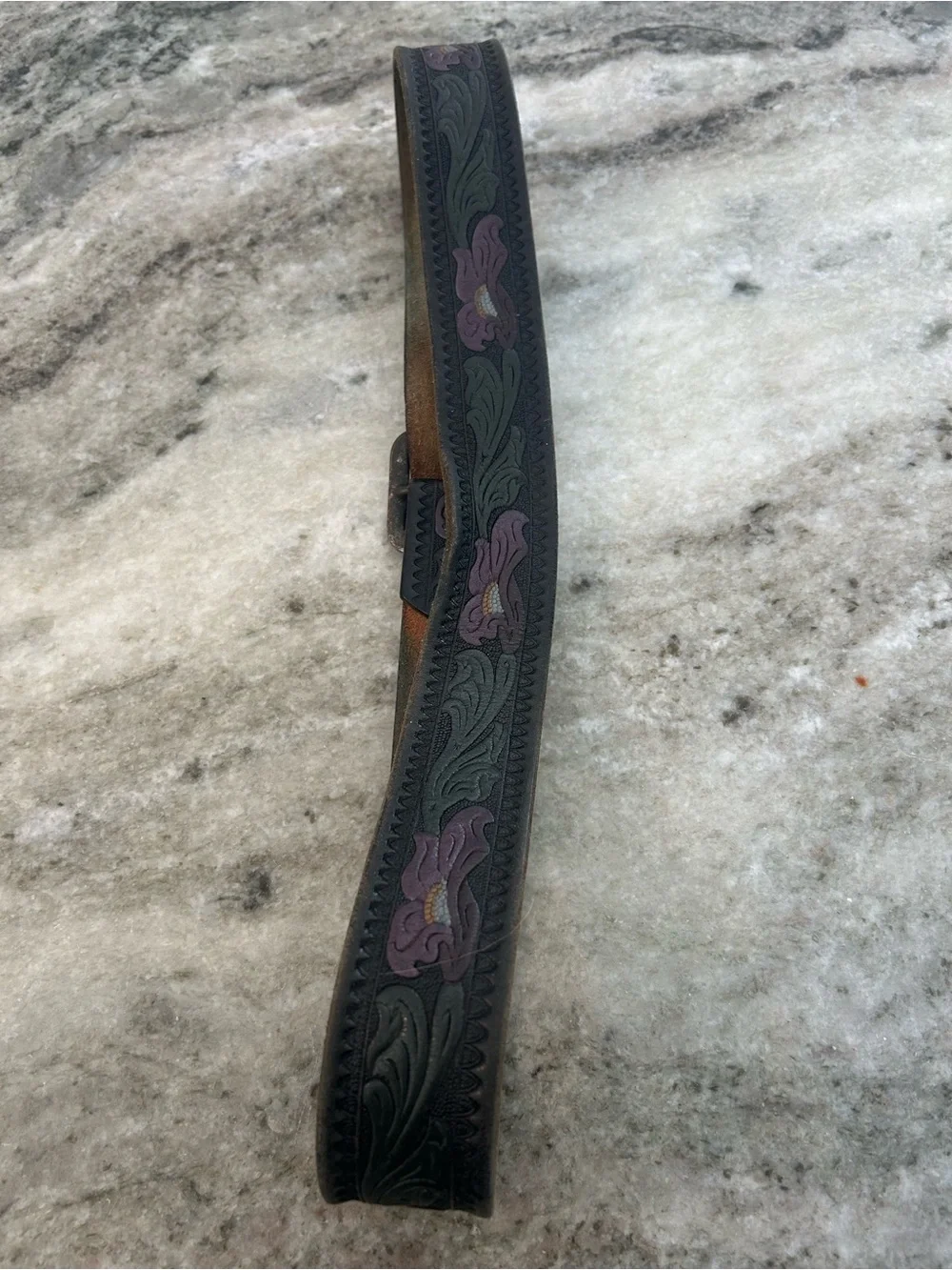 Beth Frank Vintage 1975 -Tooled Floral Leather Belt - stamped 36